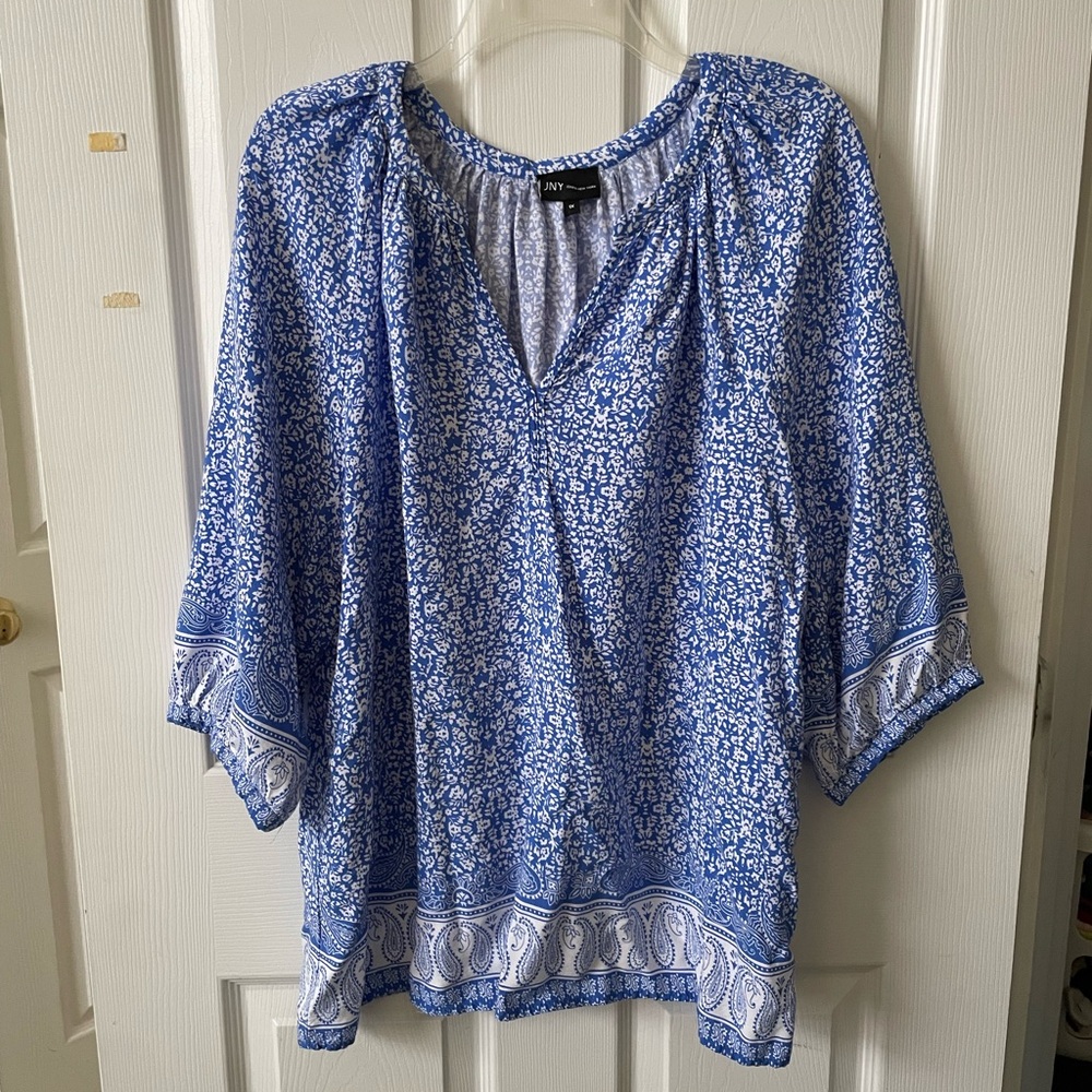 Blue Floral Women's Top in 1x elbow sleeve jones New York boho blue